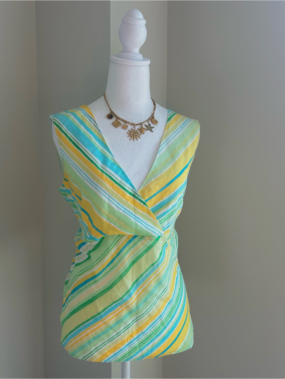 2000's Tri-Colour Pinstripe V Neck Top